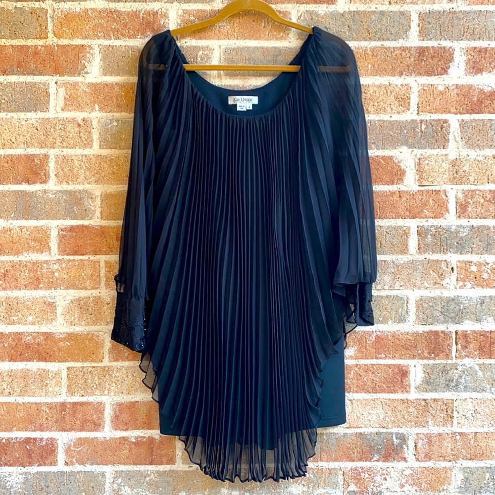Kay Unger Sheer Pleated Dress